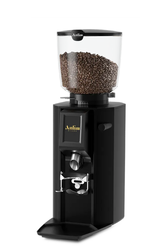 Anfim Alba koffiemolen met transparante bonenhouder en zwart design, voorzien van touchscreen en verstelbare uitloop