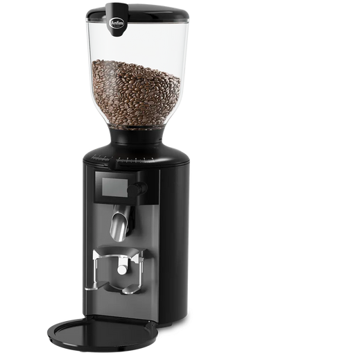 Anfim Pratica koffiemolen met zwarte behuizing en transparante bonenhouder gevuld met koffiebonen