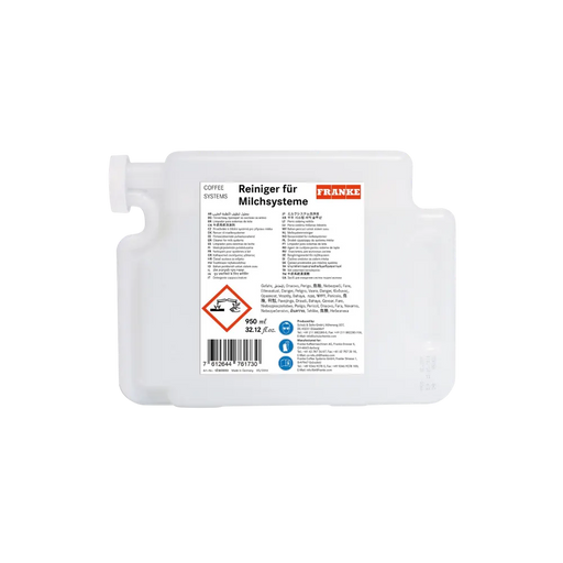 Franke CM Melksysteemreiniger 950ml cartridge met duidelijke labelinformatie en veiligheidsicoon