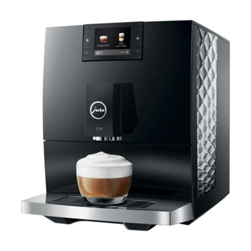 jura c9 piano black schuin zijaanzicht met cappuccino
