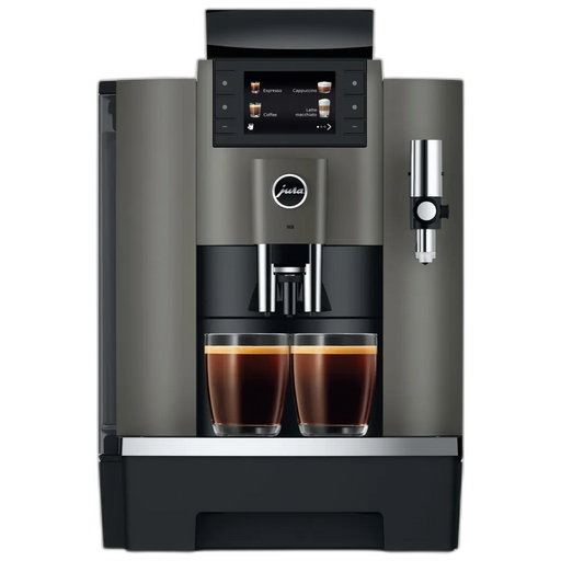 JURA W8 Dark Inox zakelijke koffiemachine met touchscreen en twee gevulde koffiekopjes