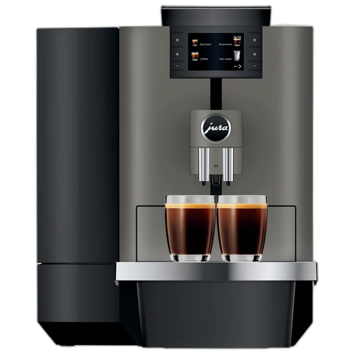 JURA X4c Dark Inox koffiemachine met touchscreen en twee kopjes zwarte koffie