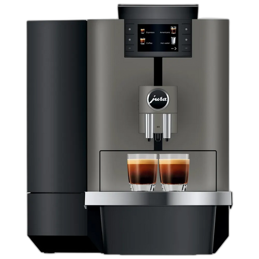 JURA X4 Dark Inox zakelijke koffiemachine met touchscreen en twee kopjes espresso