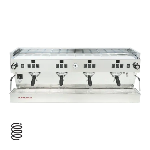 La Marzocco GB5 IV AV S pistonmachine in roestvrij staal met vier groepskoppen en bedieningsknoppen aan de voorzijde