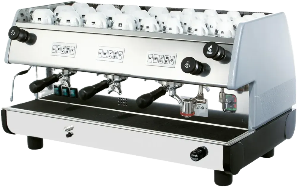 La Pavoni BAR TV/3 espressomachine met drie zetgroepen en kopjeshouder bovenop