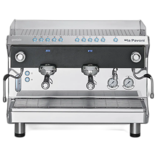 La Pavoni Geniale V/2 espressomachine met twee zetgroepen en LCD-display in roestvrijstalen afwerking