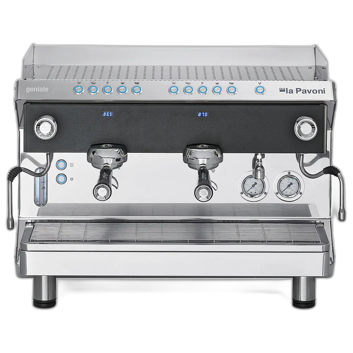 La Pavoni Geniale V/2 espressomachine met twee zetgroepen en LCD-display in roestvrijstalen afwerking
