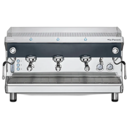 La Pavoni Geniale V/3 espressomachine met drie zetgroepen en LED-verlichting zichtbaar aan de voorkant