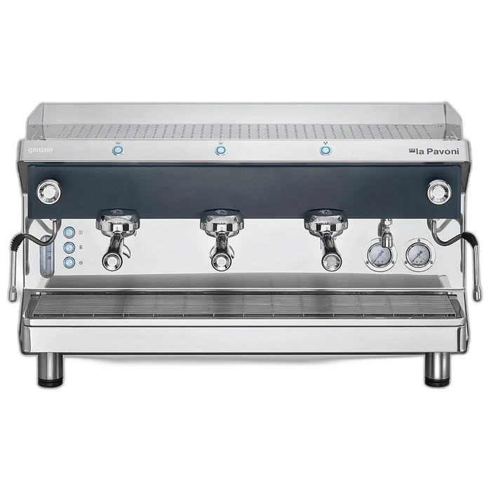 La Pavoni Geniale V/3 espressomachine met drie zetgroepen en LED-verlichting zichtbaar aan de voorkant