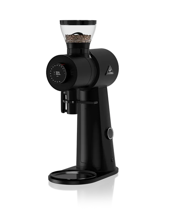 Mahlkönig EK43 Omnia koffiemolen in zwart met digitaal display en bonenreservoir bovenop