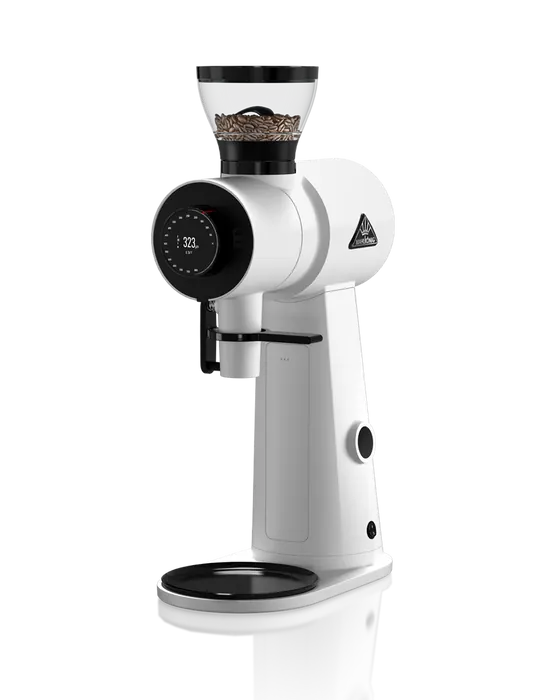 Witte Mahlkönig EK43 Omnia koffiemolen met digitaal display en bonenreservoir bovenop