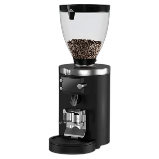 Mahlkönig E80 Supreme GBW koffiemolen met zwarte behuizing en transparante bonenhouder gevuld met koffiebonen