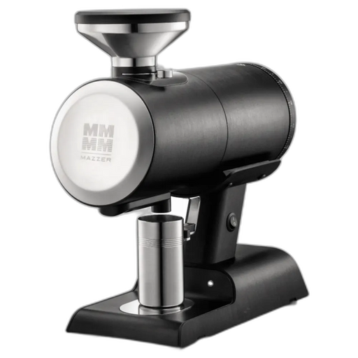 Mazzer Philos koffiemolen in zwart metaal en zilveren details, compact ontwerp met enkelvoudige doseerbeker
