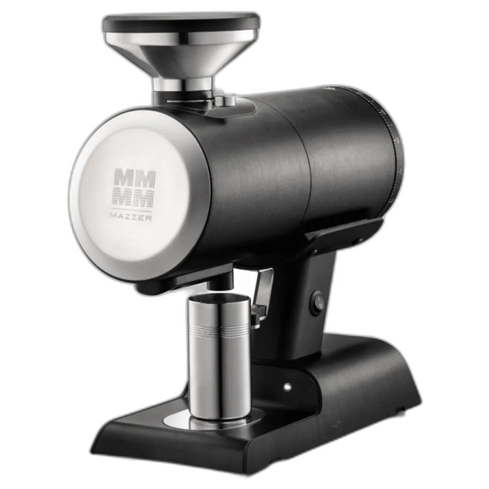 Mazzer Philos koffiemolen in zwart metaal en zilveren details, compact ontwerp met enkelvoudige doseerbeker