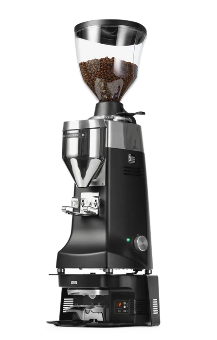 PuqPress Bracket M3/M5 met Mazzer koffiemolen, zwarte behuizing, geïntegreerde automatische tamper, gevuld met koffiebonen