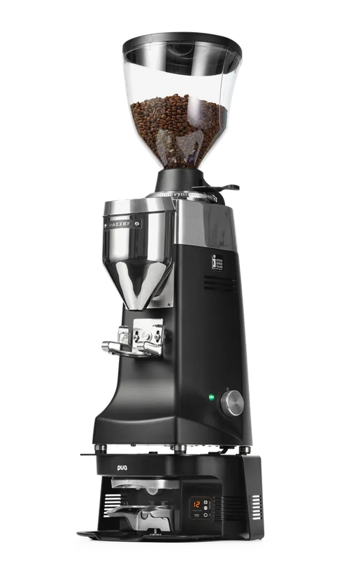 PuqPress Bracket M3/M5 met Mazzer koffiemolen, zwarte behuizing, geïntegreerde automatische tamper, gevuld met koffiebonen
