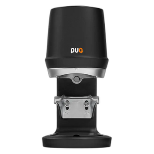 Zwarte PuqPress Q1 automatische koffie stamper met zilveren details