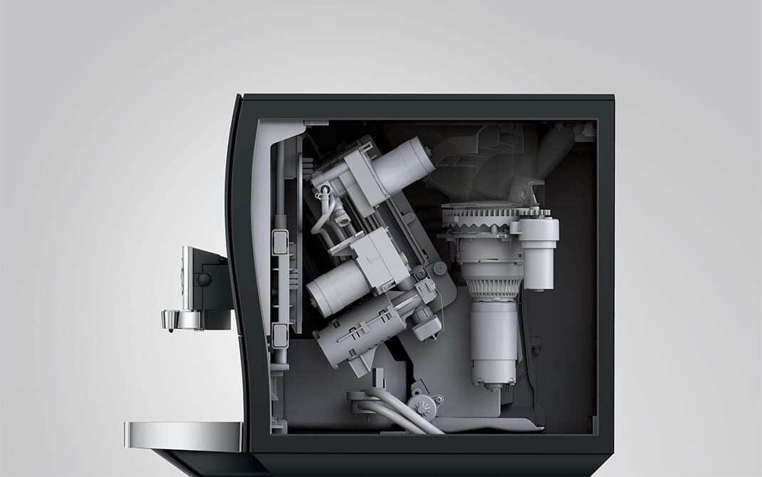 Binnenwerk van de JURA Z10 met het elektronische P.R.G.2+ maalwerk