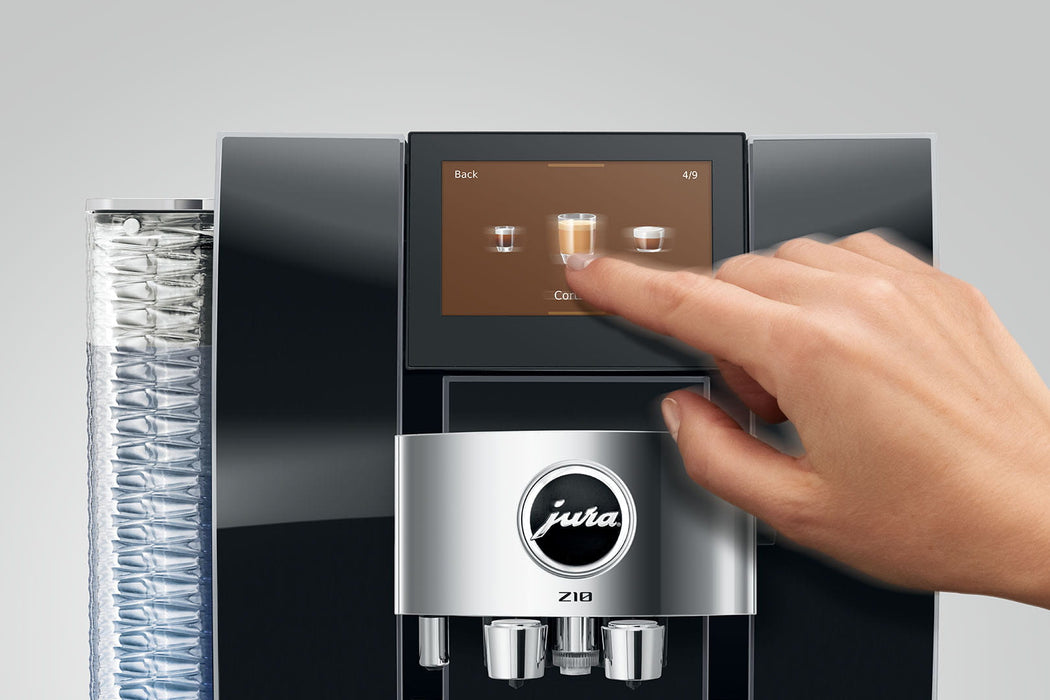 JURA Z10 Diamond Black premium volautomaat, vooraanzicht met touchscreen — fabrikantbeeld 21