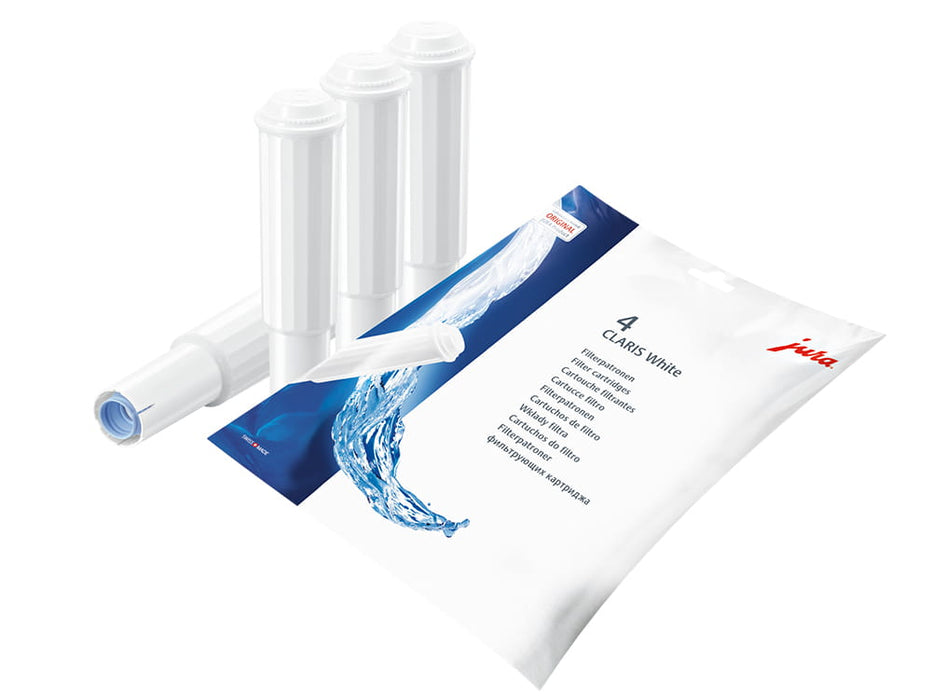 JURA CLARIS White waterfilter 4-pack, blauwe verpakking met witte filterpatronen — fabrikantbeeld