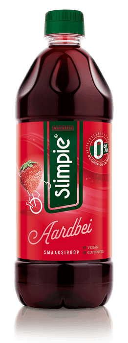 Tray met zes flessen Slimpie aardbeiensiroop suikervrij van 65 cl — fabrikantbeeld