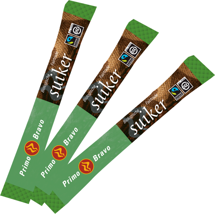 Dispenserdoos Primo Bravo Fairtrade rietsuikersticks van 4 gram — fabrikantbeeld