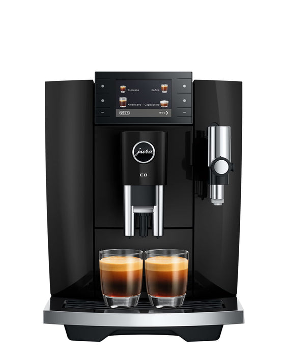 JURA E8 Piano Black volautomaat voor thuis, vooraanzicht met kleurenscherm — fabrikantbeeld 10