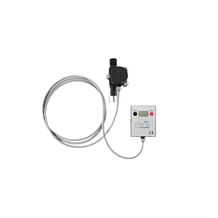 JURA CLARIS Flow Sensor 3/8 waterdoosje met digitaal display en slang op witte achtergrond | Arte dell' espressO