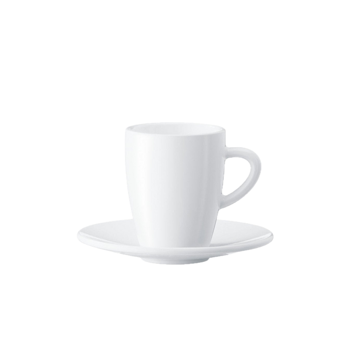 Twee witte JURA espresso kopjes met schotels, keramiek porselein design voor espresso serveren | Arte dell' espressO