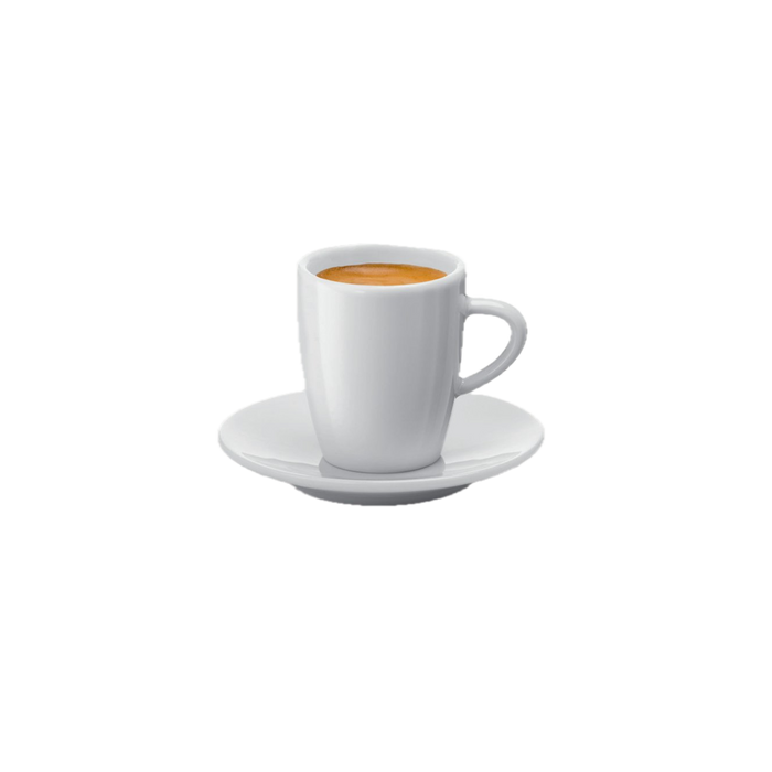 Twee witte porselein espresso kopjes met schoteltje van JURA - perfect voor espresso serveren | Arte dell' espressO