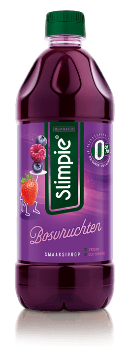 Tray met zes flessen Slimpie bosvruchtensiroop suikervrij van 65 cl — fabrikantbeeld