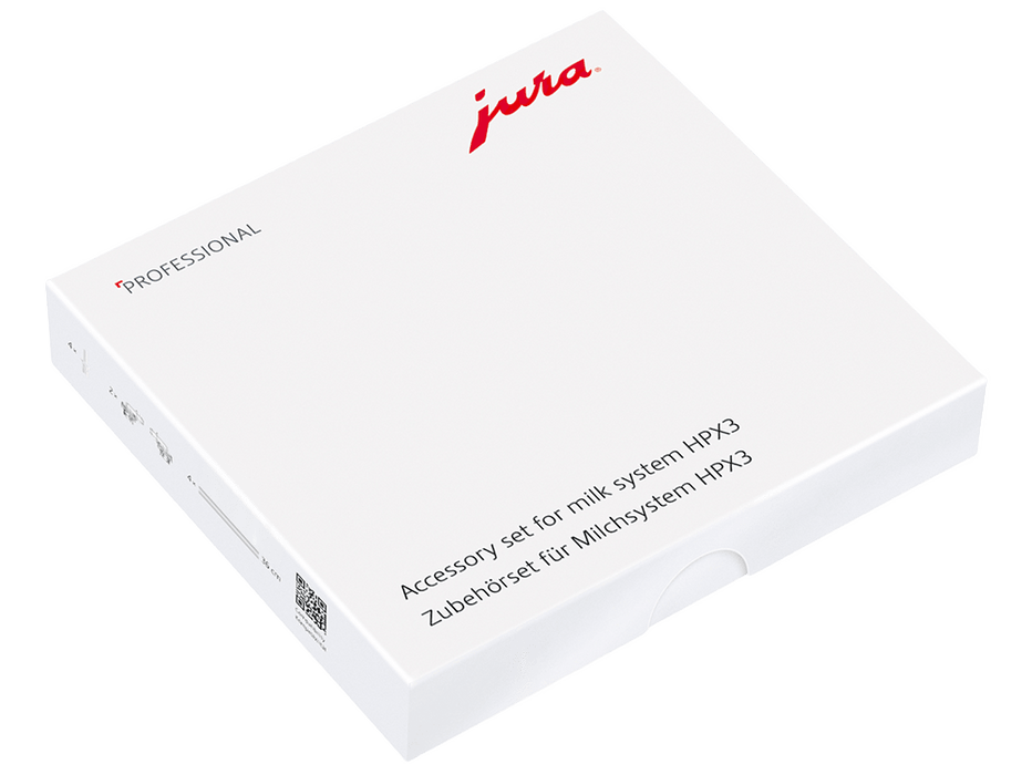 Witte JURA accessoireset melksysteem HPX3 in verpakking — fabrikantbeeld