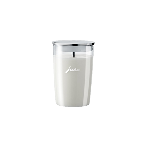 JURA glazen melkhouder met RVS deksel en melk erin, rechthoekige vorm wit | Arte dell' espressO