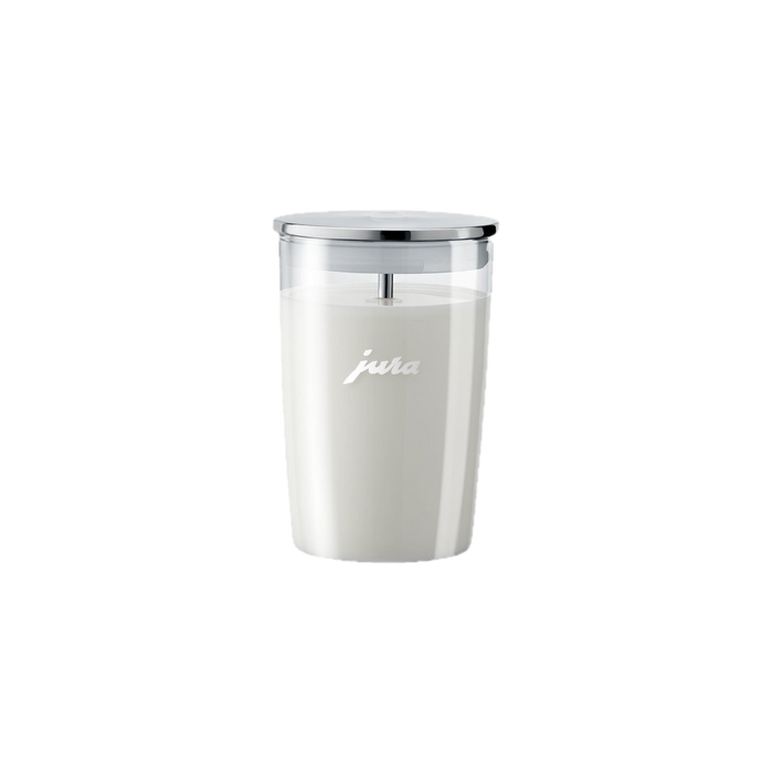 JURA glazen melkhouder met RVS deksel en melk erin, rechthoekige vorm wit | Arte dell' espressO