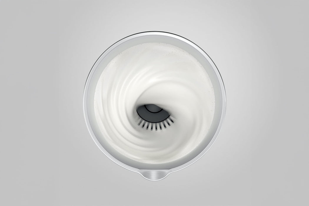 JURA melkopschuimer bovenaanzicht met witte keramische coating en centrale roerder in grijze kom