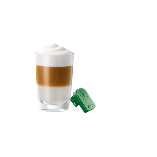 JURA Business Connect groene capsule naast cappuccino in glas met melkschuim | Arte dell' espressO