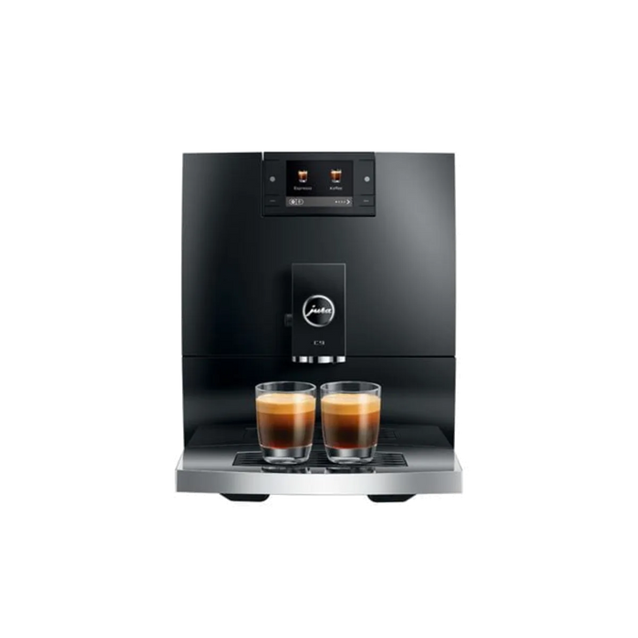 jura c9 piano black vooraanzicht met dubbele espresso