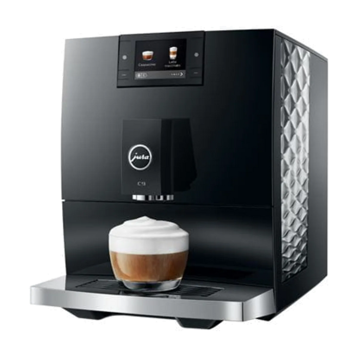 jura c9 piano black schuin zijaanzicht met cappuccino