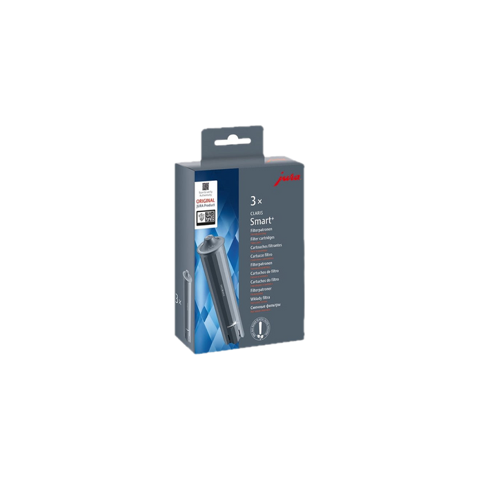 JURA CLARIS Smart+ filterpatronen 3-pack in grijze verpakking met blauwe accenten | Arte dell' espressO