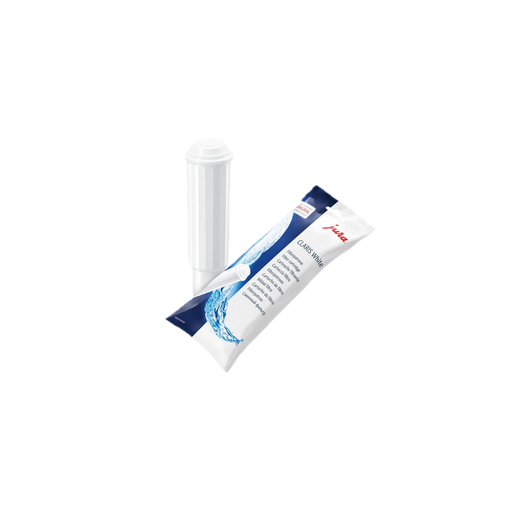 JURA CLARIS White filterpatroon met verpakking en witte filter tegen witte achtergrond | Arte dell' espressO