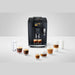 jura e8 cosmic black vooraanzicht met diverse koffiespecialiteiten