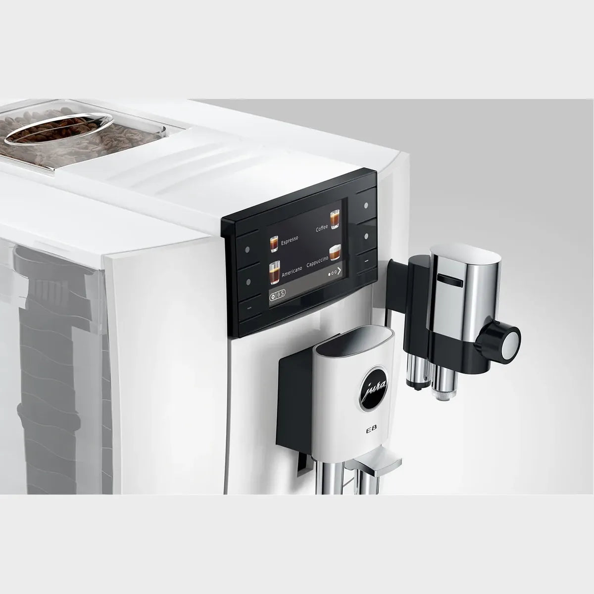 jura e8 piano white ed zijaanzicht close up van scherm