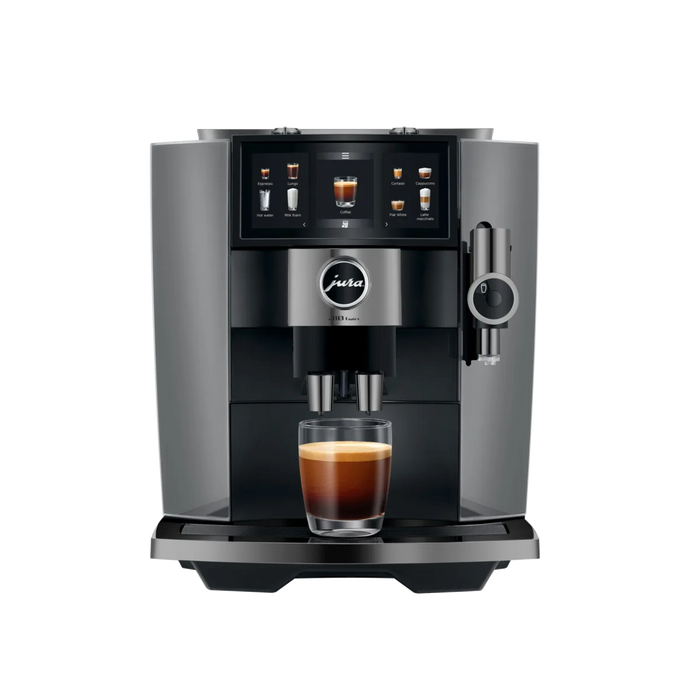 jura j10 diamond onyx ea vooraanzicht met koffie op kopjes plateau