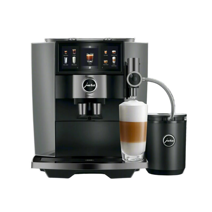 jura j10 diamond onyx ea vooraanzicht met koffie op kopjes plateau