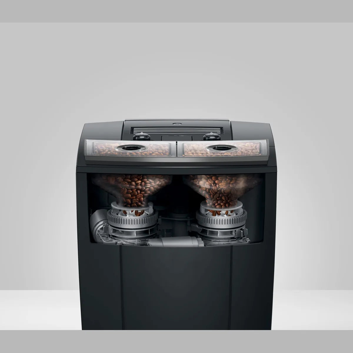 jura j10 diamond onyx ea achter aanzicht waarbij de bonenreservoir en koffiemolen zichtbaar zijn
