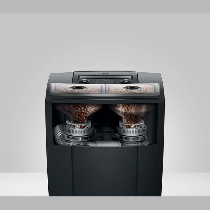 jura j10 diamond onyx ea achter aanzicht waarbij de bonenreservoir en koffiemolen zichtbaar zijn