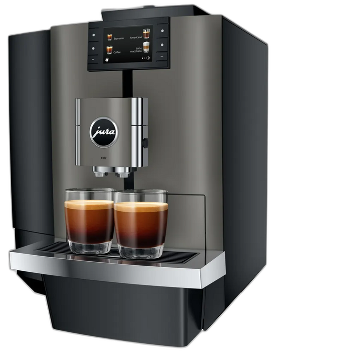 JURA X10c Dark Inox koffiemachine met touchscreen en twee glazen espresso op het lekrooster