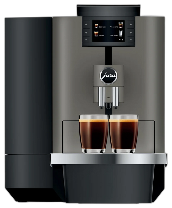 JURA X4c Dark Inox koffiemachine met touchscreen en twee glazen zwarte koffie