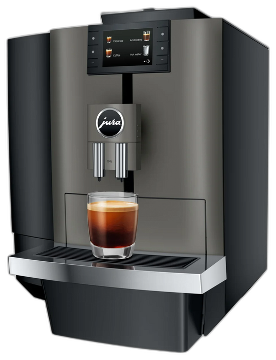 JURA X4c Dark Inox koffiemachine met touchscreen en vers gezette espresso in glas