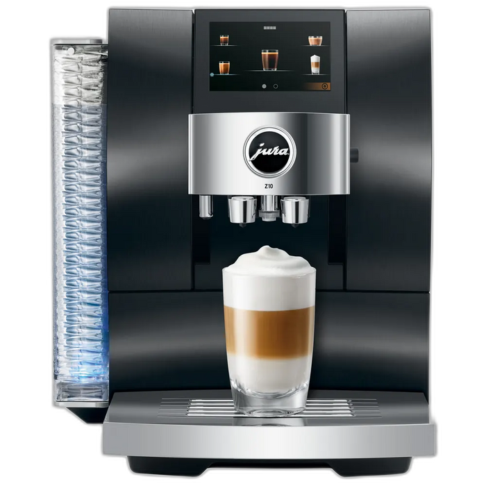 JURA Z10 Aluminium Dark Inox Signature Line EA volautomatische koffiemachine met touchdisplay, dubbele koffie- en melkschenktuit, verlicht waterreservoir en bereiding van latte macchiato